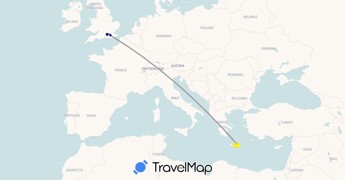 TravelMap itinerary: driving, bus, plane, train in United Kingdom, Greece (Europe)